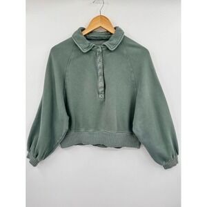Aerie Cropped Sweatshirt Women's XS Oversized Green Pullover Snap Neck Cozy